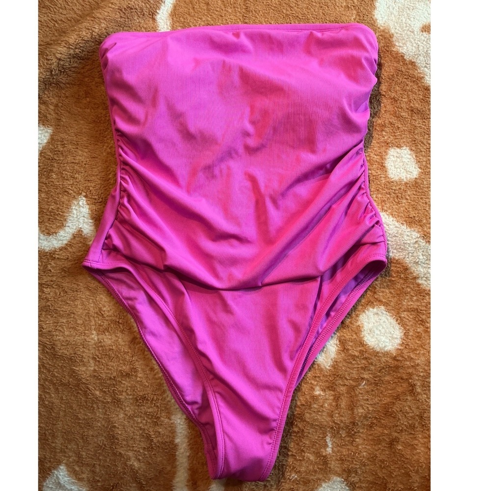 Shade & Shore One Piece Swimsuit Womens XL 16 Pink Ribbed Ruched High Leg NWT